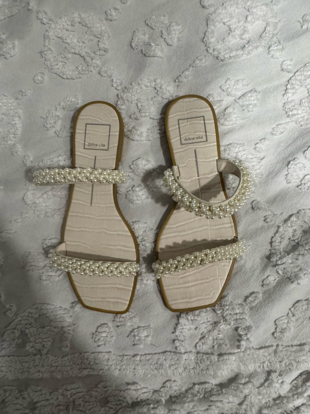 Dolce Vita Pearl-Trim Cream Slide Sandals